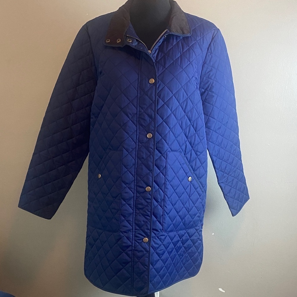 Lands End Women's Quilted Blue Jacket Zipper & Snap Closure Above Knee Sz XL 18
